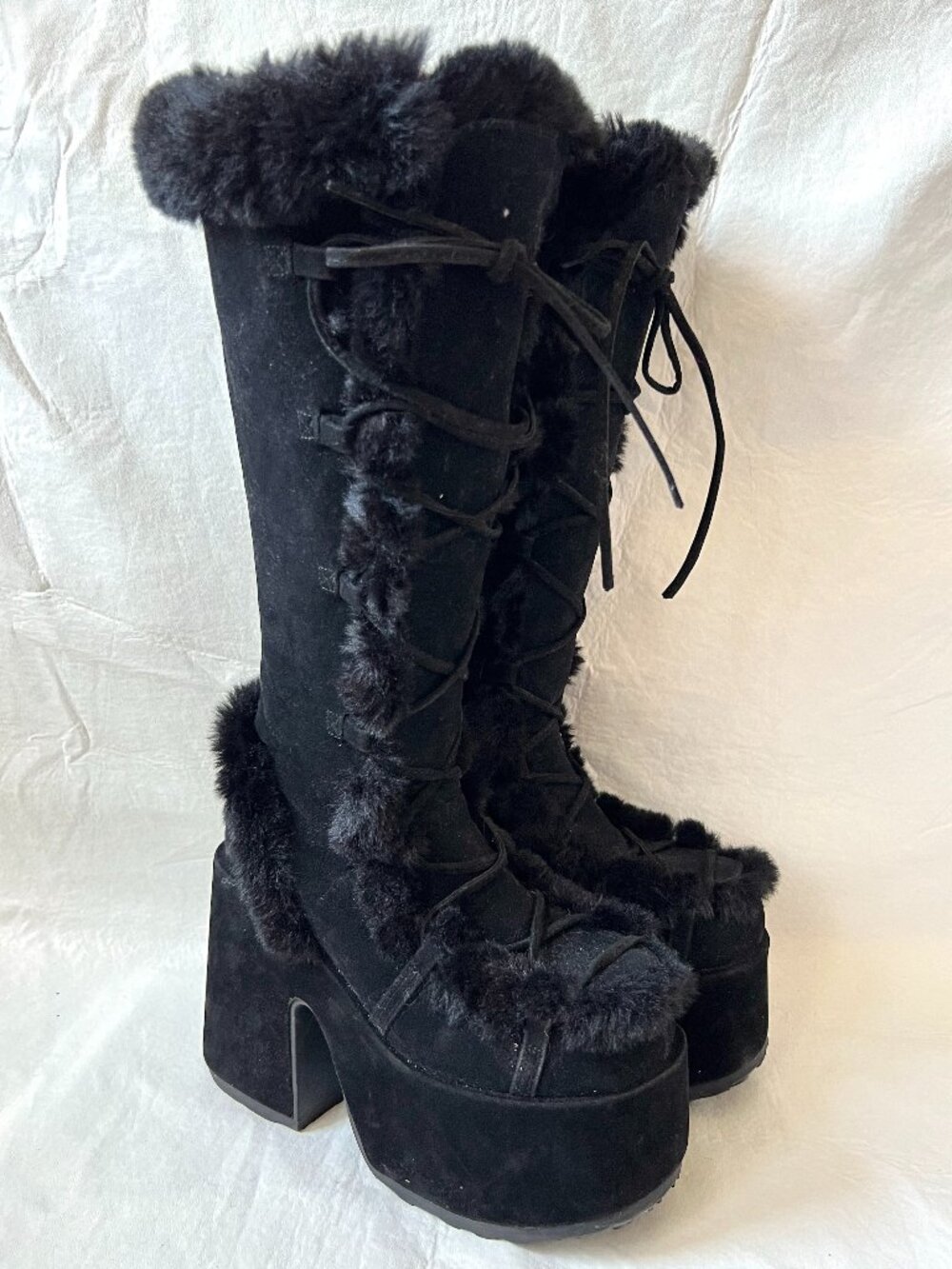 Demonia platform boots black faux suede womens 9 high heel Camel-311 furry zip